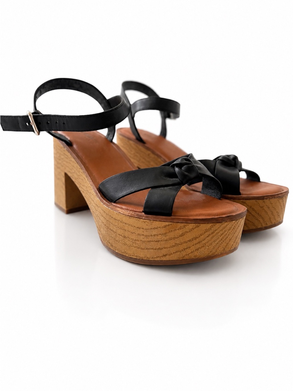 A New Day Black Leather Platform Strappy Ankle Strap Bow Sandals Sz 7